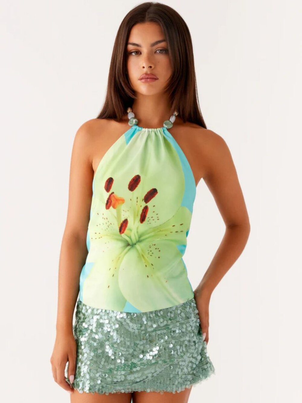PEPPERMAYO Dalila Beaded Tie Back Top - Turquoise Floral